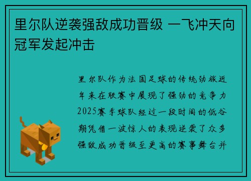 里尔队逆袭强敌成功晋级 一飞冲天向冠军发起冲击